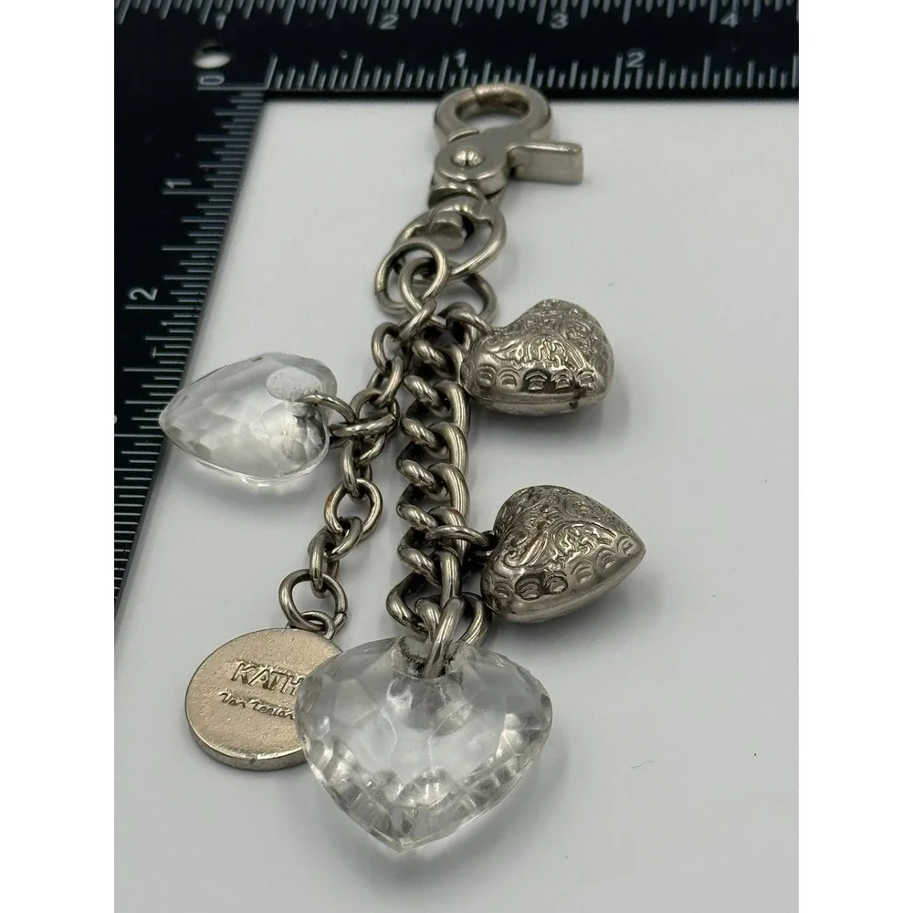 Kathy Van‎ Zeeland Silver Tone Heart Bag Charm Keychain Clear Faceted Hearts Y2K